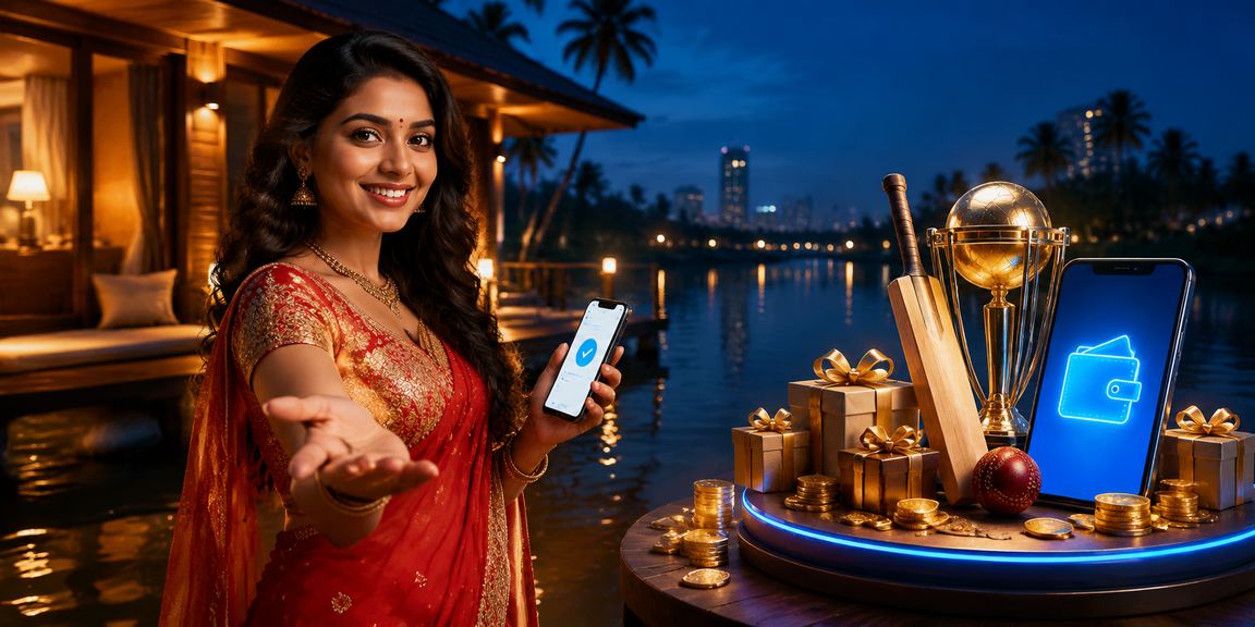 Traditional Kerala woman in saree with cricket in background
